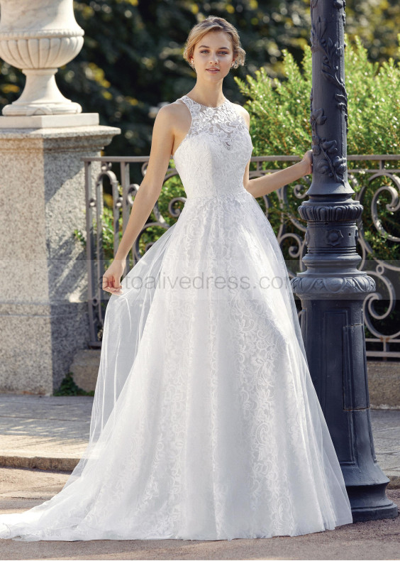 Jewel Neck Ivory Lace Tulle Racerback Wedding Dress